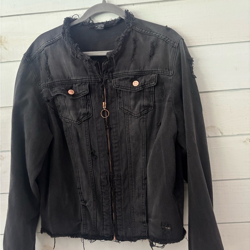 Ashley Stewart Black Distressed Denim Jacket in size 14/17. Great condition! - Picture 4 of 13